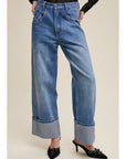 Cuffed Wide Leg Denim Pants
