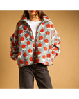 Flower Pattern Zipper Front Sherpa Jacket