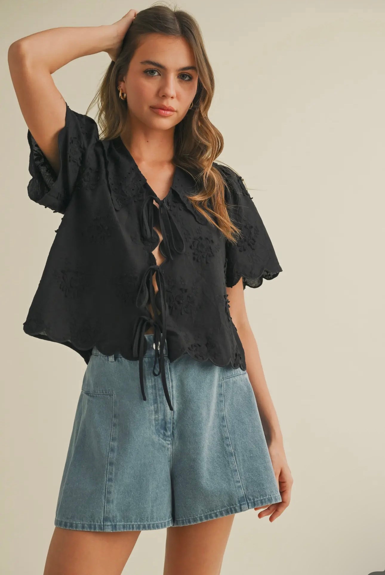 Black Tie Front Collared Lace Top