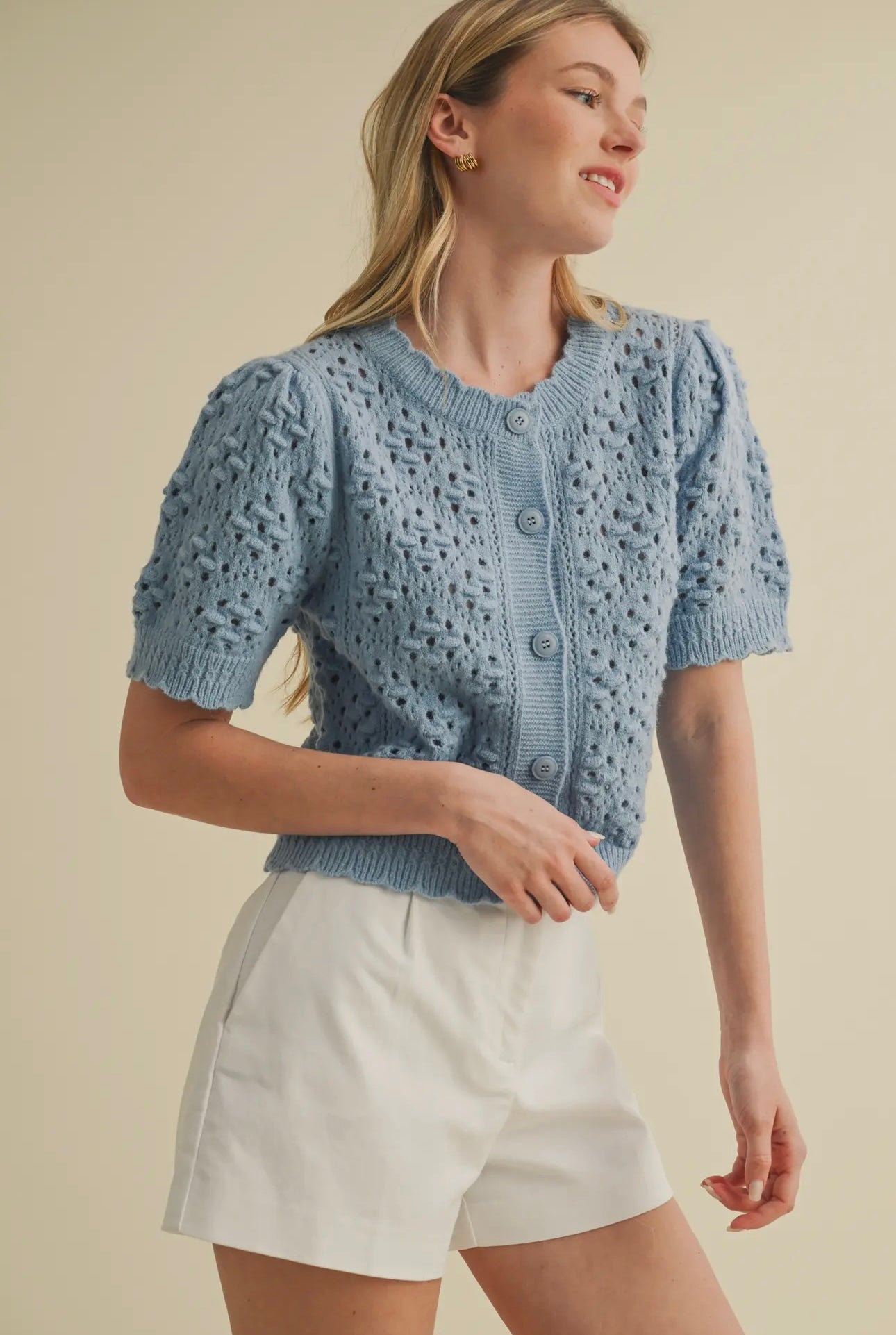 Blue Cropped Pointelle Button Down Sweater Cardigan