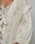 Double Gauze Embroidery Lace Trim Tie-Front Top