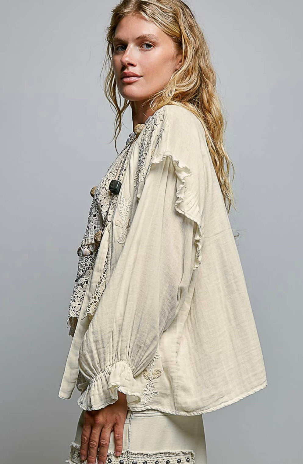 Double Gauze Embroidery Lace Trim Tie-Front Top