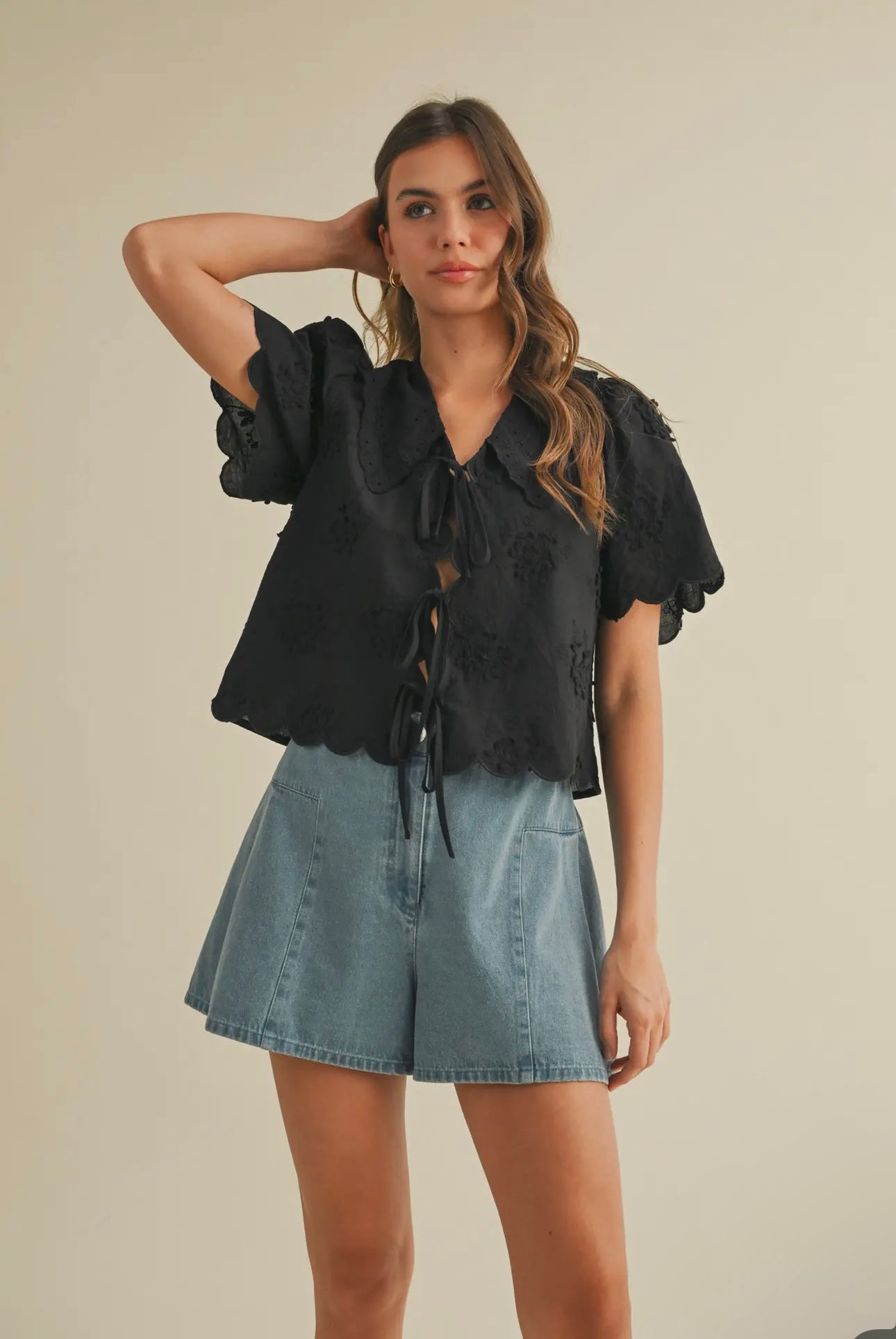 Black Tie Front Collared Lace Top