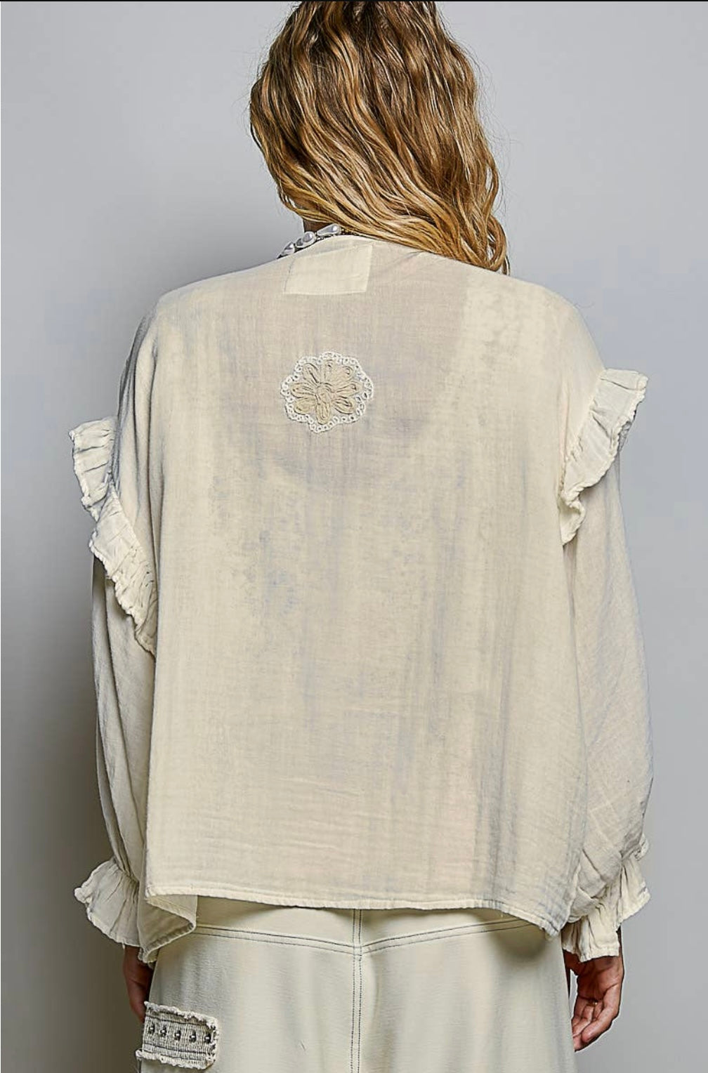Double Gauze Embroidery Lace Trim Tie-Front Top