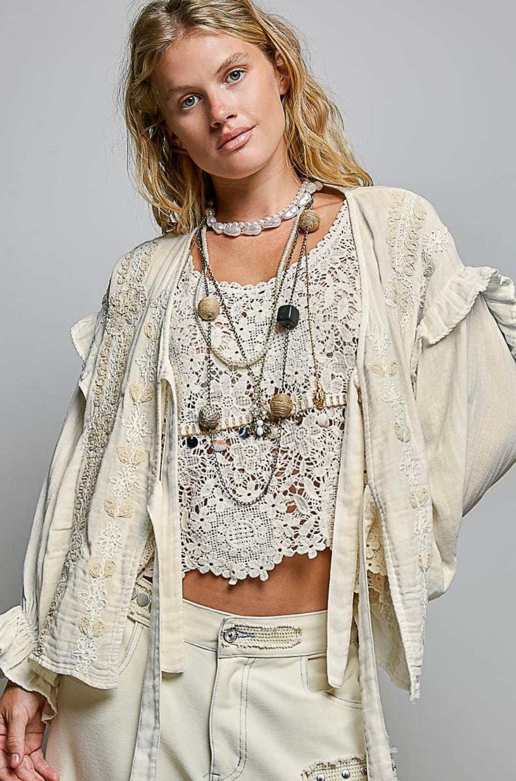 Double Gauze Embroidery Lace Trim Tie-Front Top