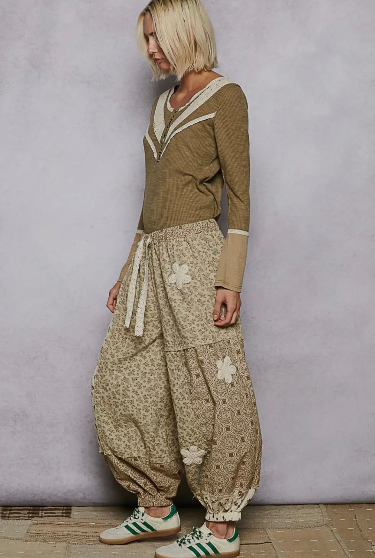 Crochet Patch Detail Patchwork Printed Pants
