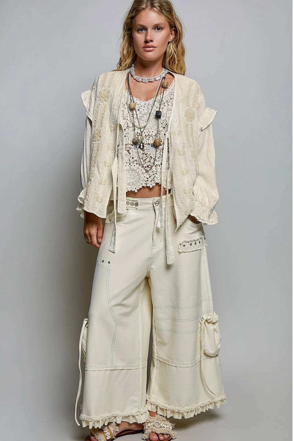 Double Gauze Embroidery Lace Trim Tie-Front Top