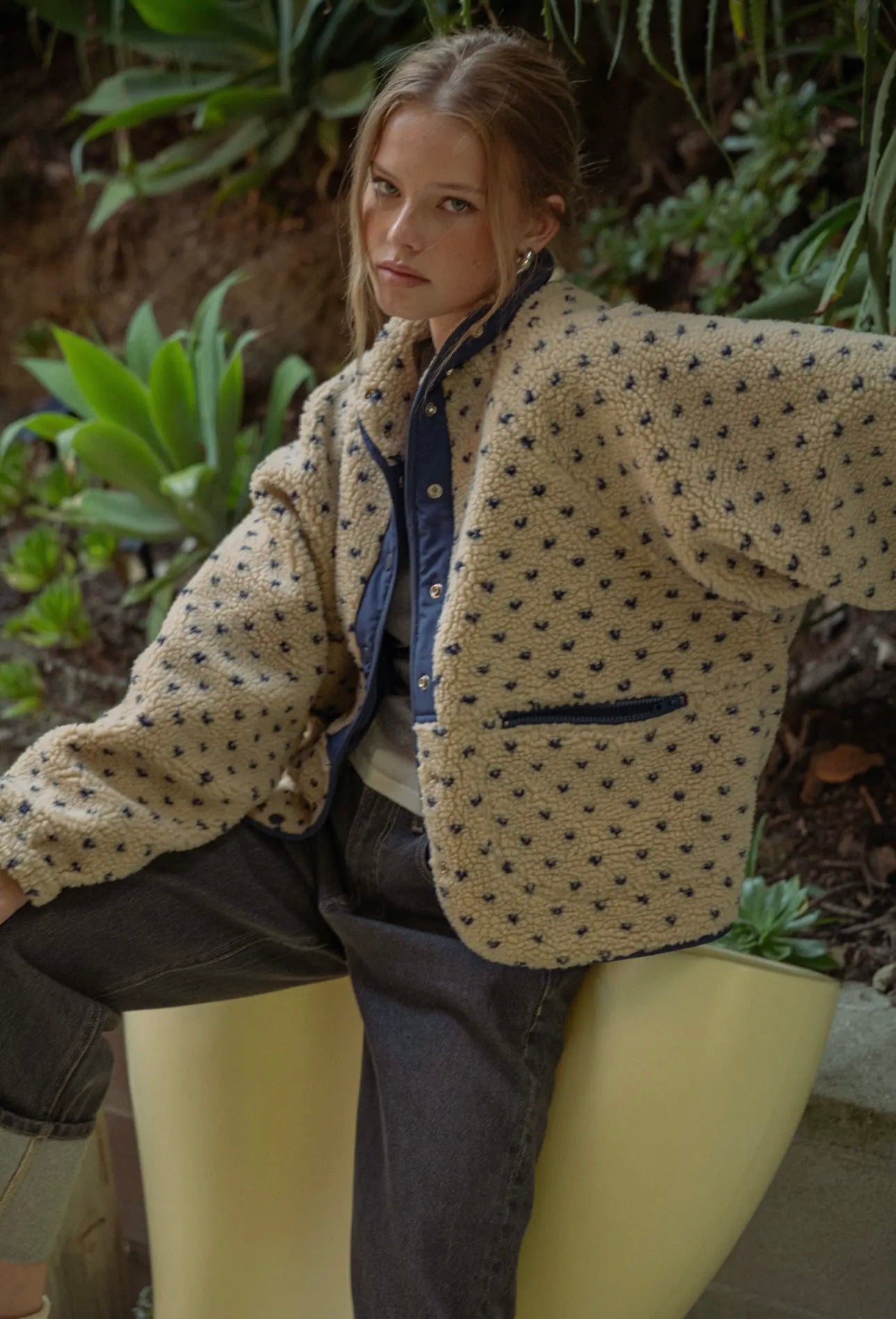 Button Front Pattern Sherpa Jacket