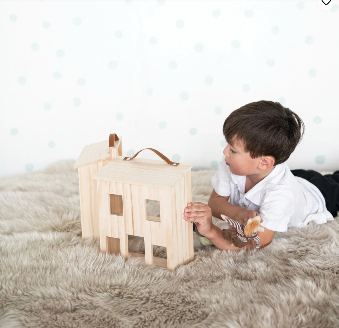 Wood Folding Doll House with Leather Handle &amp; Metal Latch