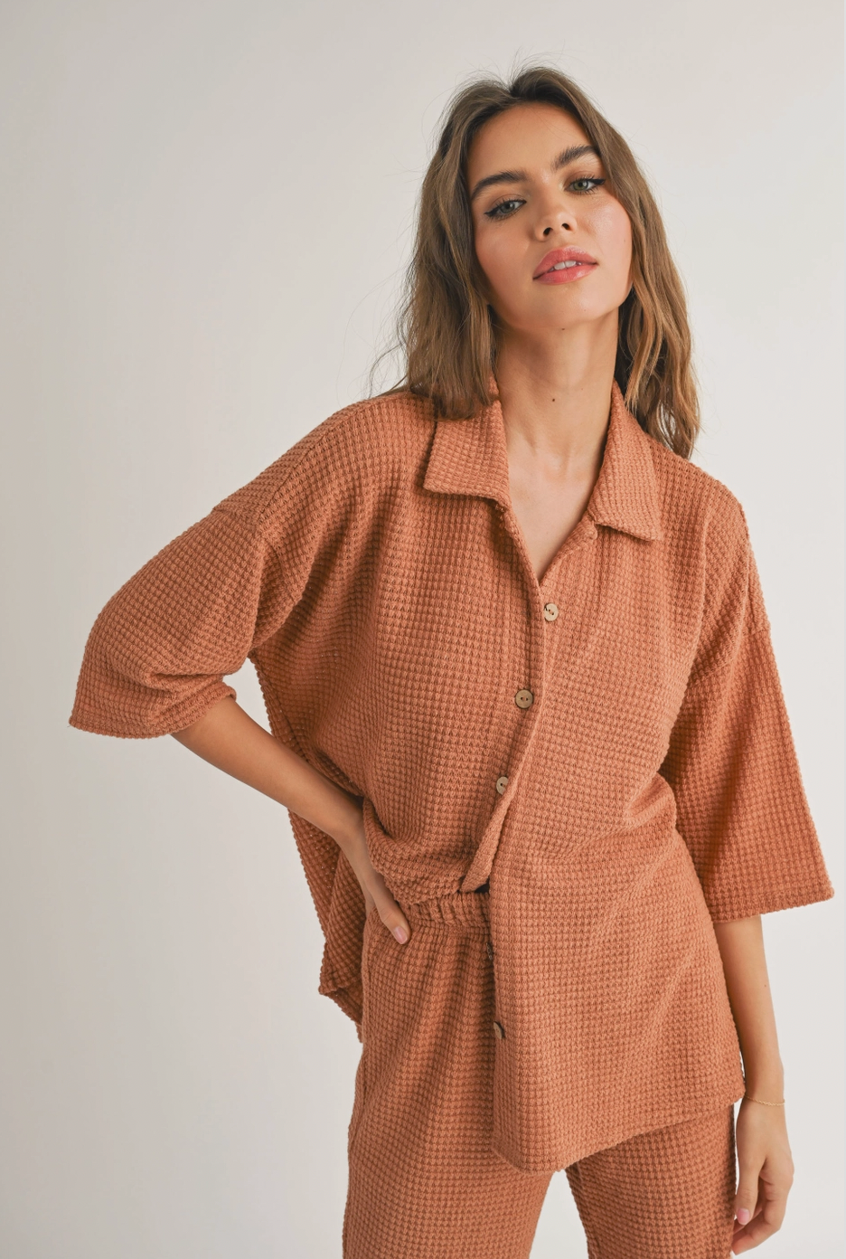 Waffle Fabric Knit Set in Clay