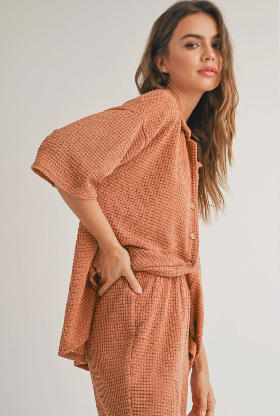 Waffle Fabric Knit Set in Clay