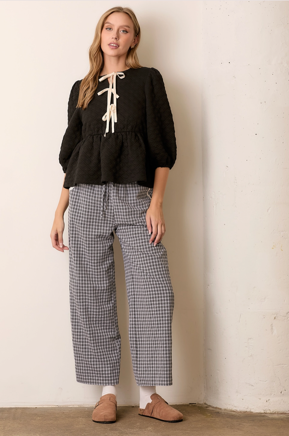 Gingham Elastic Pant With Lace Trim