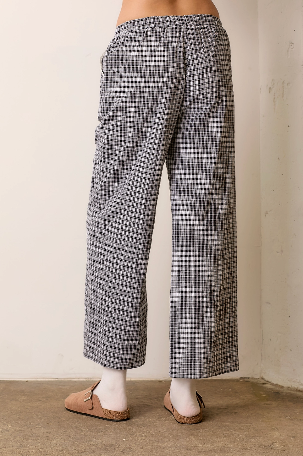 Gingham Elastic Pant With Lace Trim