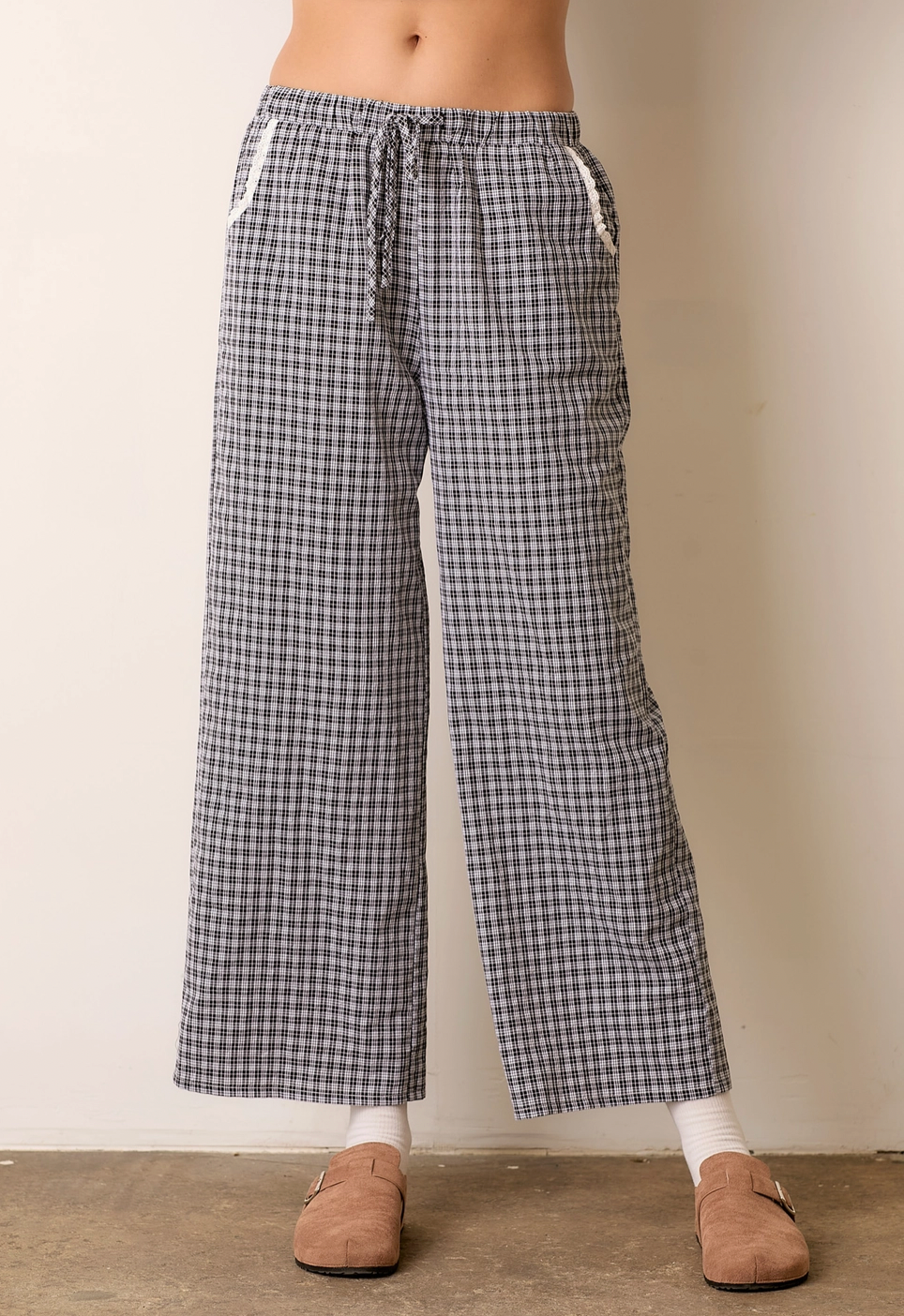 Gingham Elastic Pant With Lace Trim