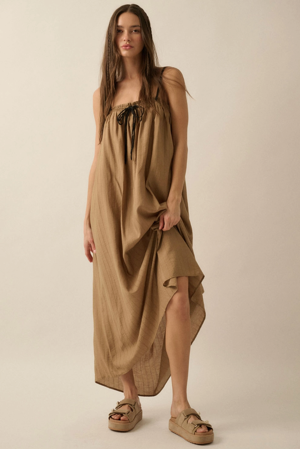 Tonal-Stripe Drawstring-Neckline Maxi Sack Dress