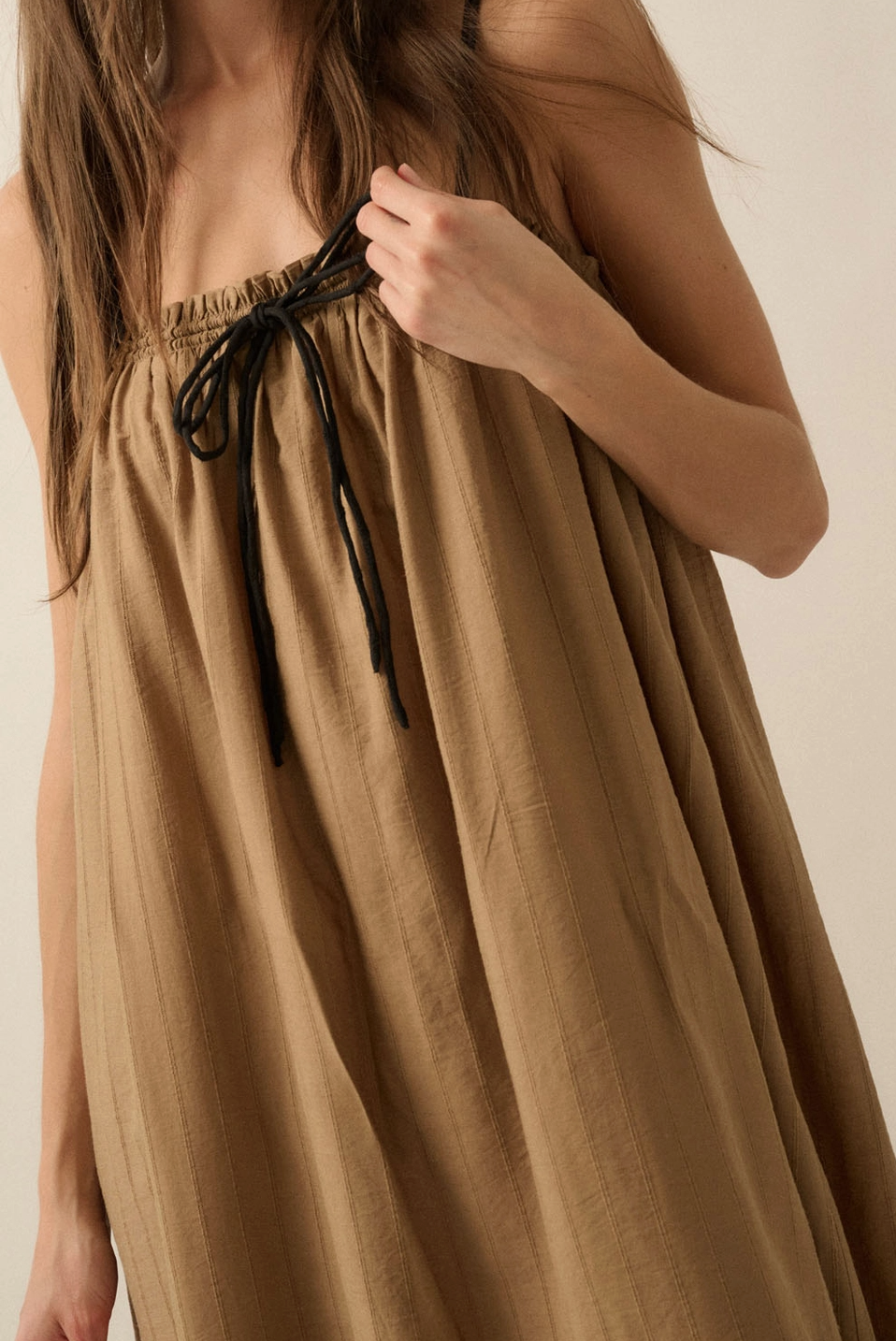 Tonal-Stripe Drawstring-Neckline Maxi Sack Dress