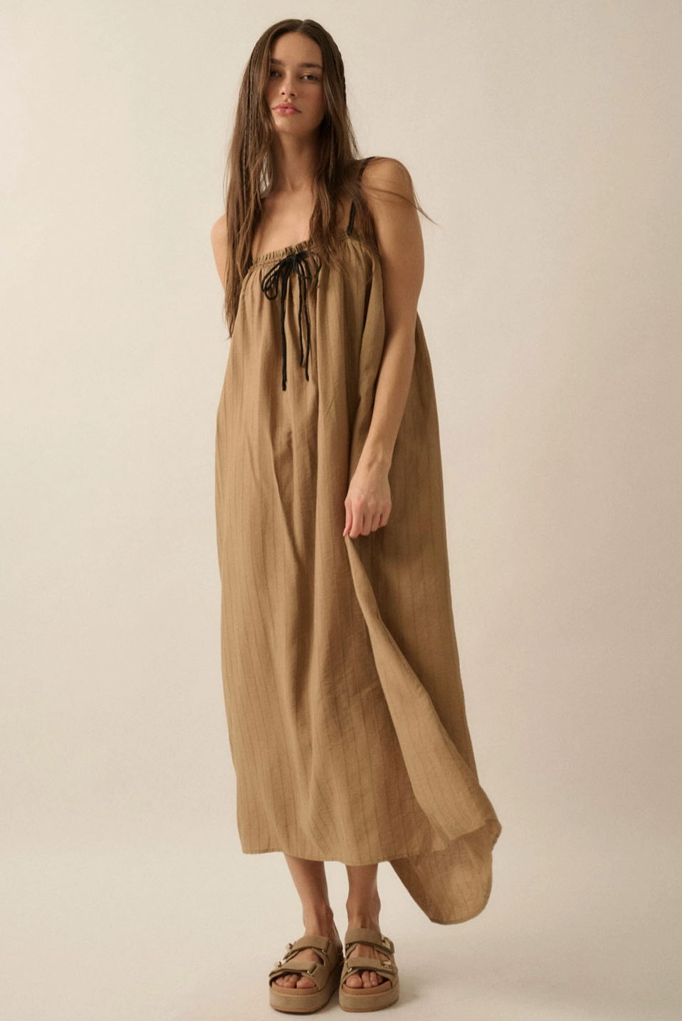 Tonal-Stripe Drawstring-Neckline Maxi Sack Dress