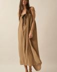 Tonal-Stripe Drawstring-Neckline Maxi Sack Dress