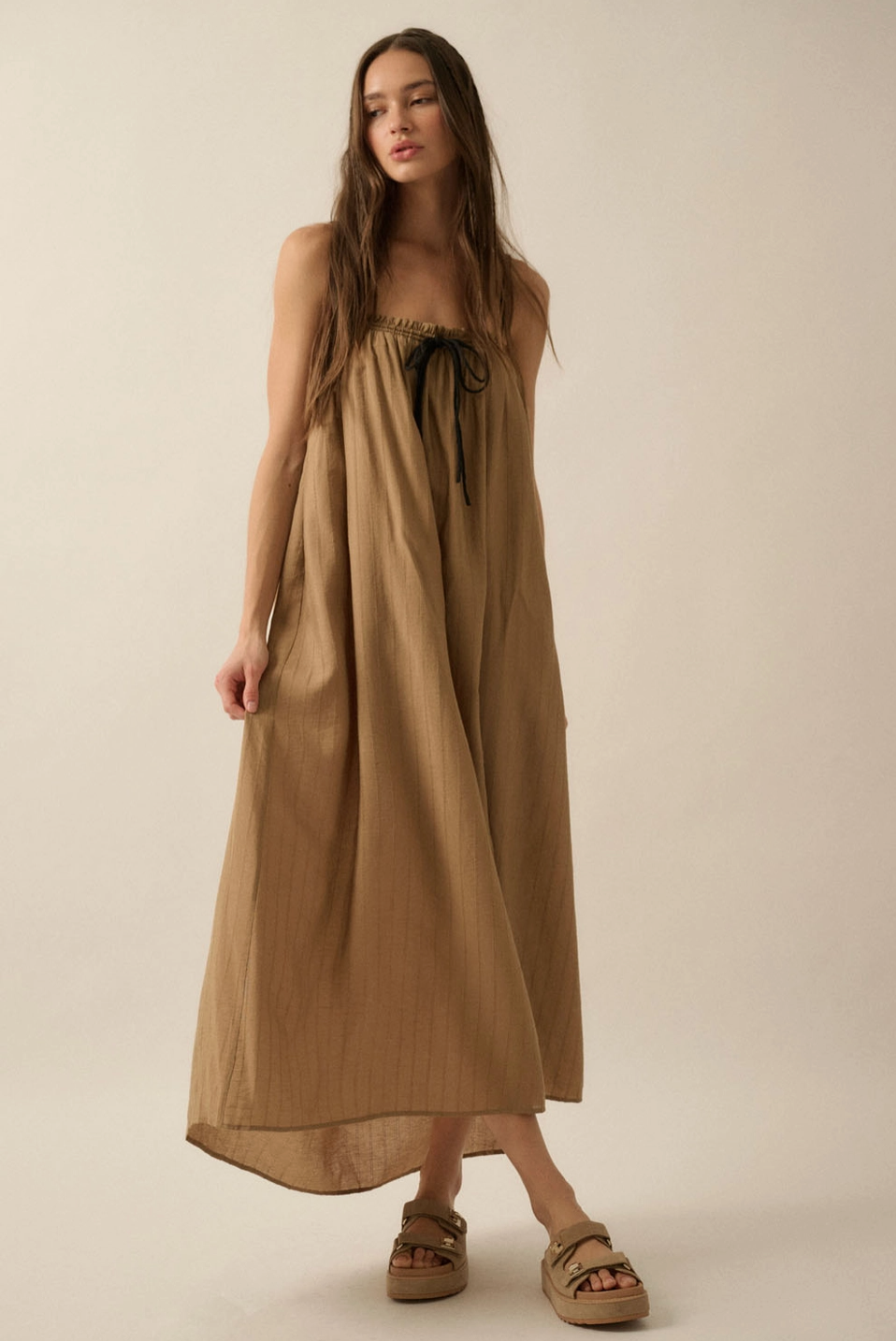 Tonal-Stripe Drawstring-Neckline Maxi Sack Dress