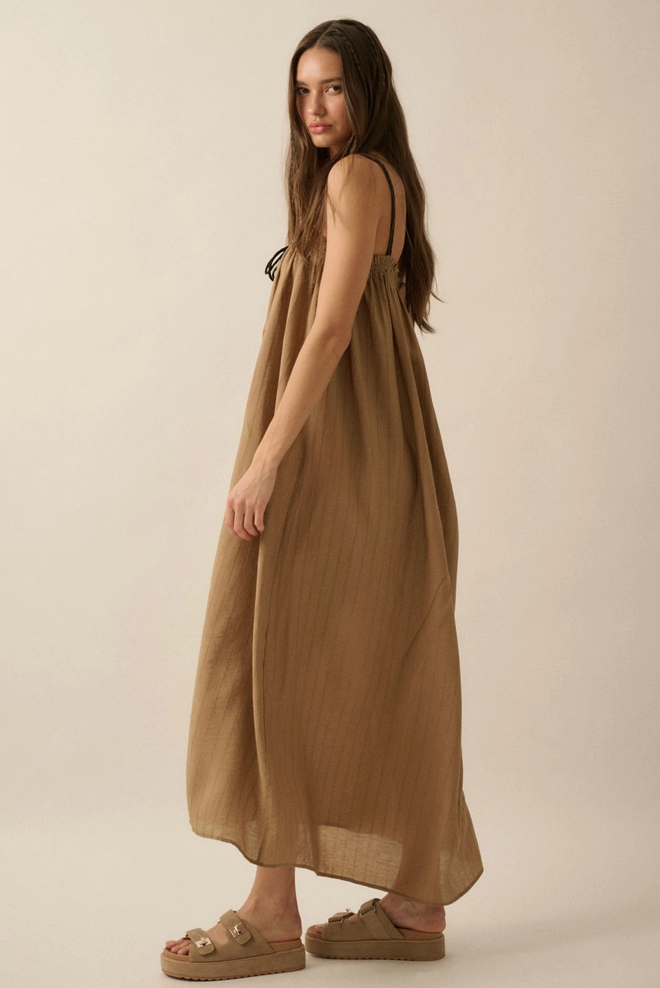 Tonal-Stripe Drawstring-Neckline Maxi Sack Dress