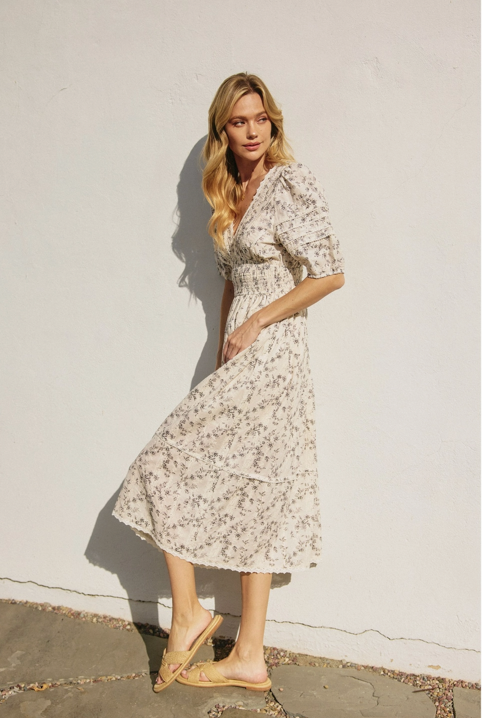 Floral Bubble Sleeve Midi Dress