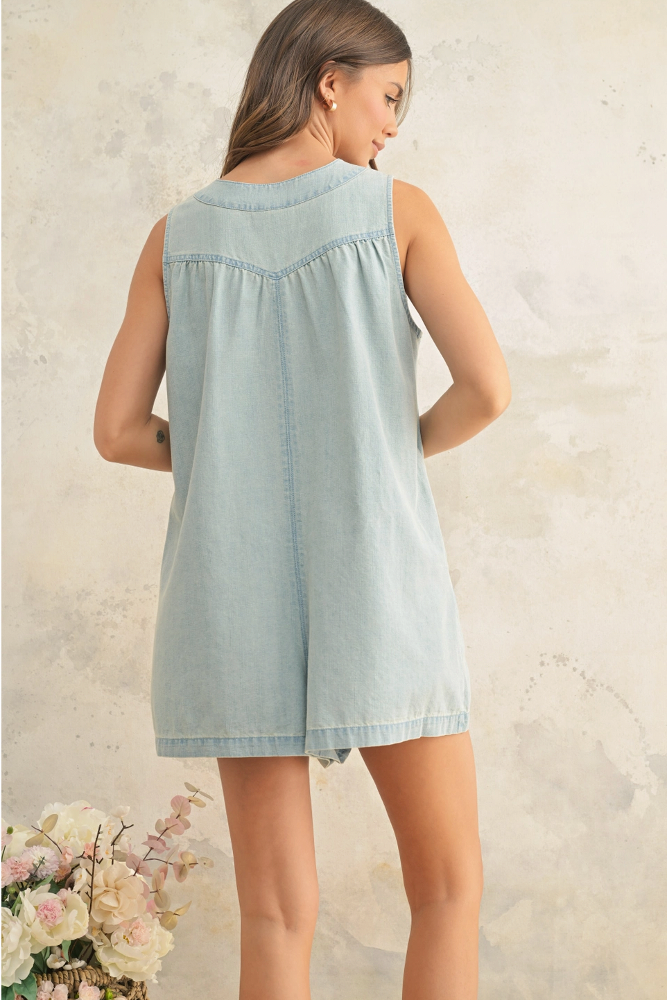 Tied Front Sleeveless Denim Romper