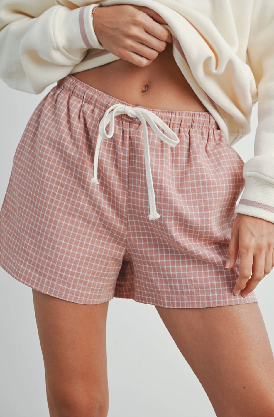 Elastic Drawstring Check Boxer Shorts - Rose