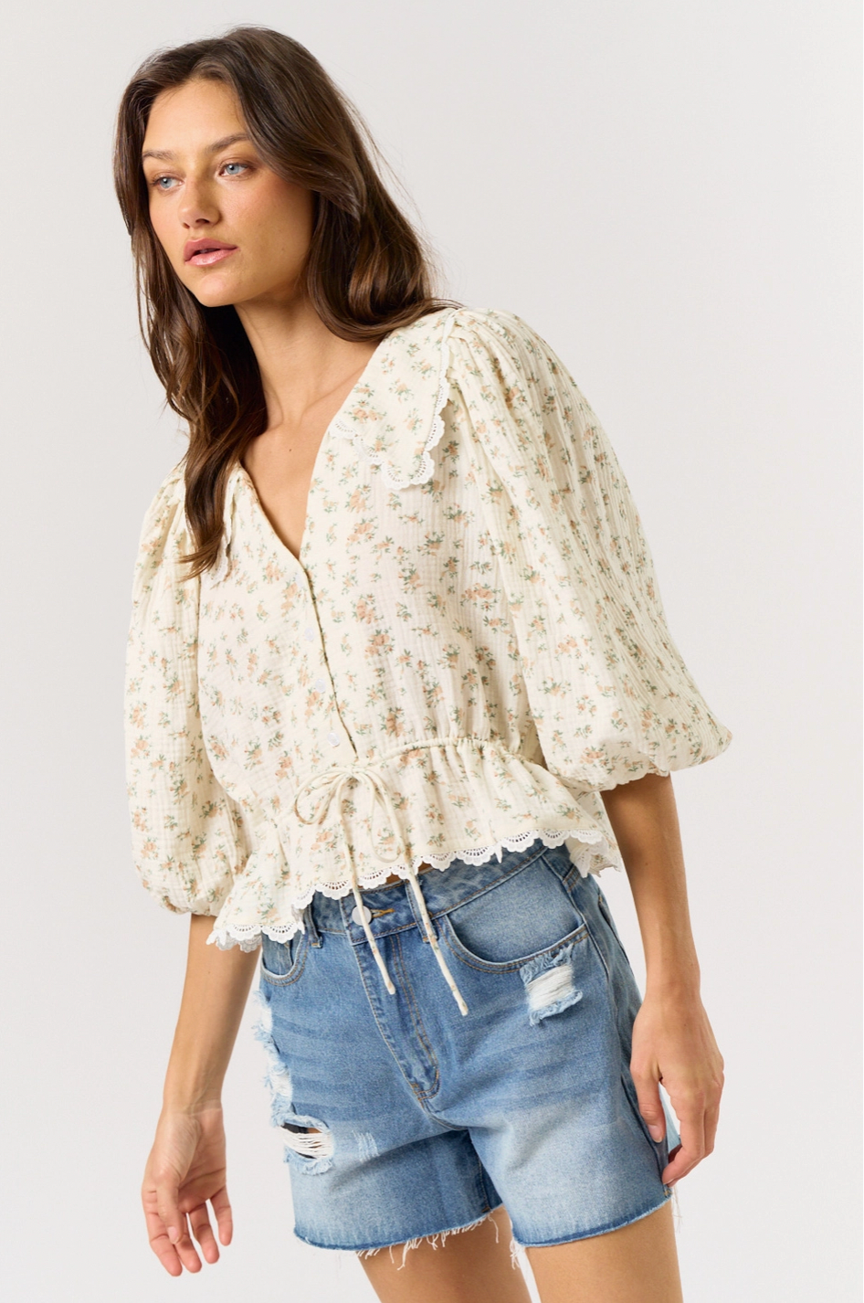 Puff Sleeve Lace Trim Floral Blouse