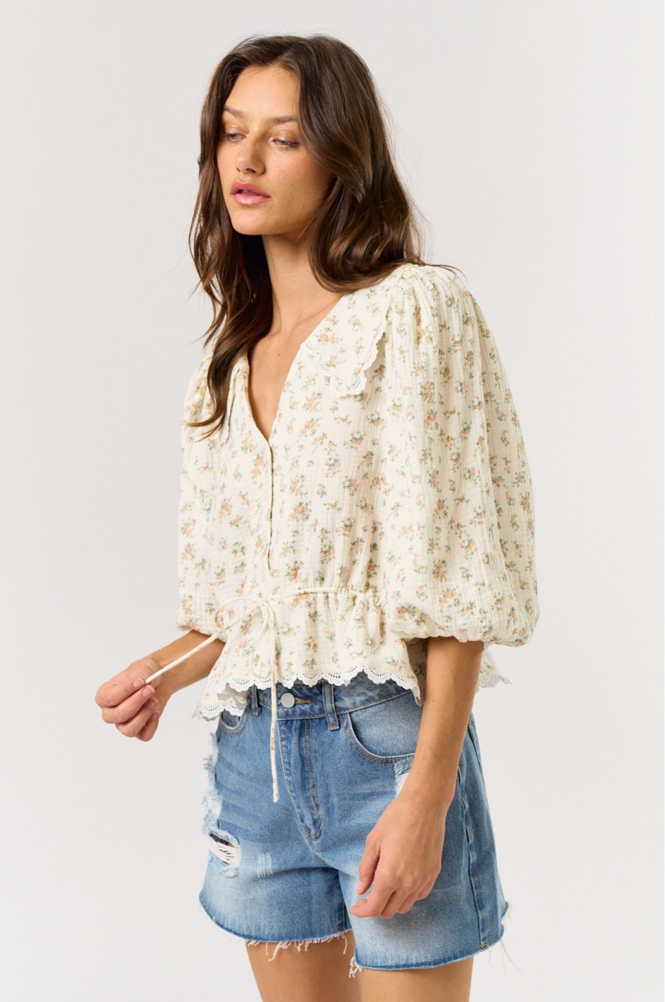 Puff Sleeve Lace Trim Floral Blouse