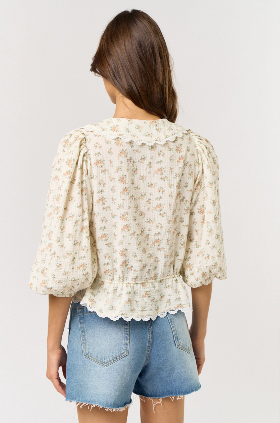 Puff Sleeve Lace Trim Floral Blouse