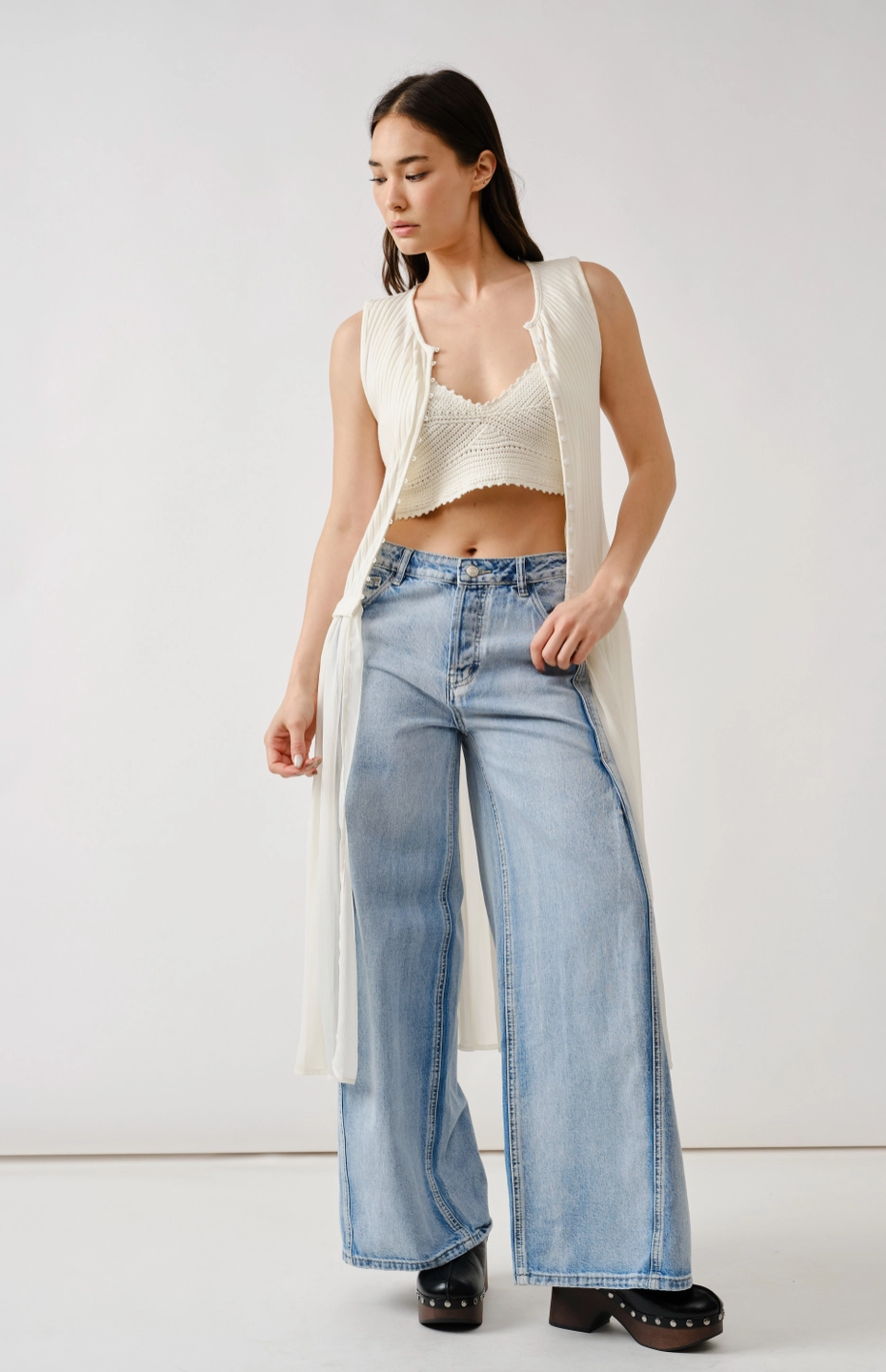 Pintucked Wide Denim Pants
