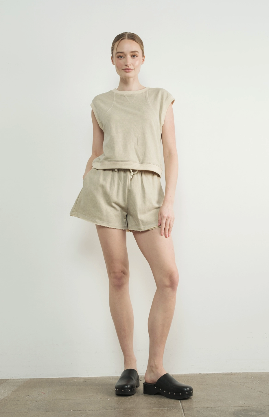 Washed Terry Sleevelss Top and Shorts Beige or Blue