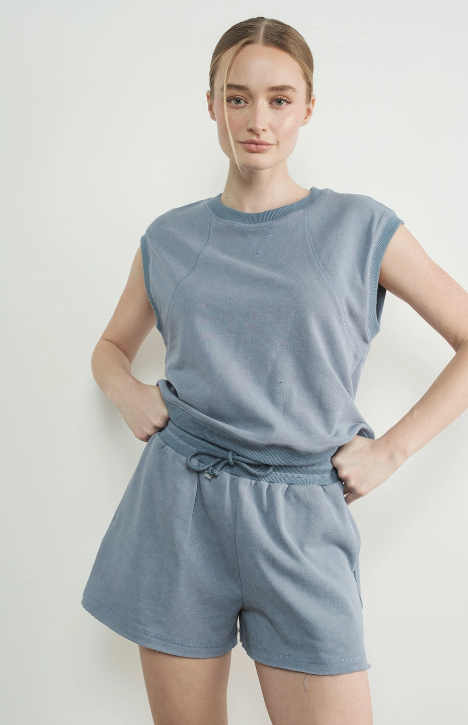 Washed Terry Sleevelss Top and Shorts Beige or Blue