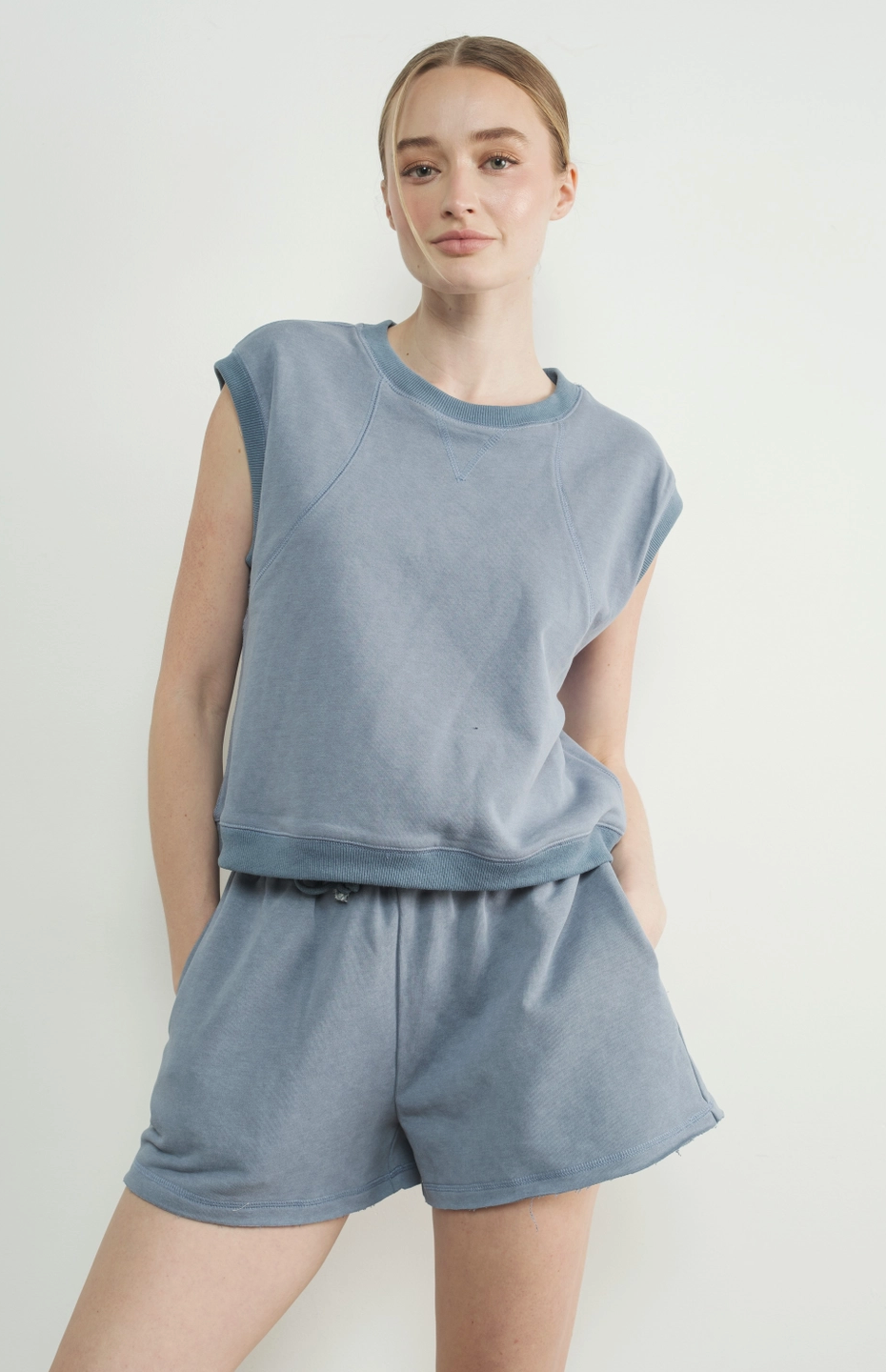Washed Terry Sleevelss Top and Shorts Beige or Blue