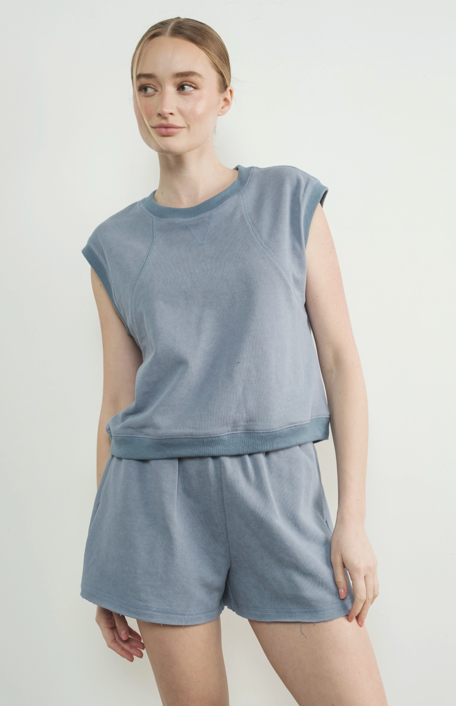 Washed Terry Sleevelss Top and Shorts Beige or Blue