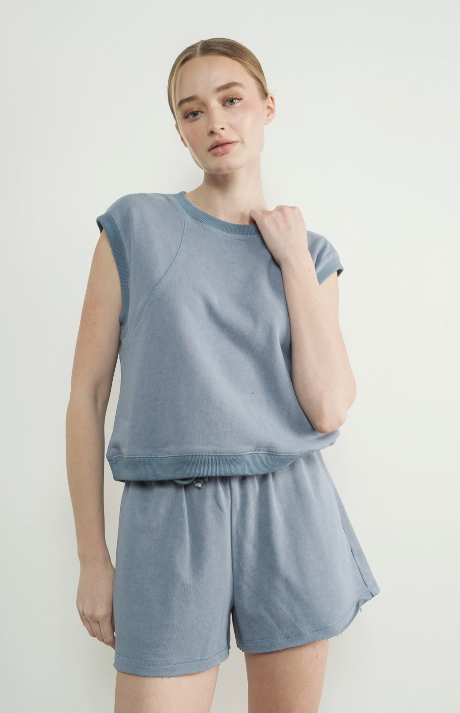 Washed Terry Sleevelss Top and Shorts Beige or Blue