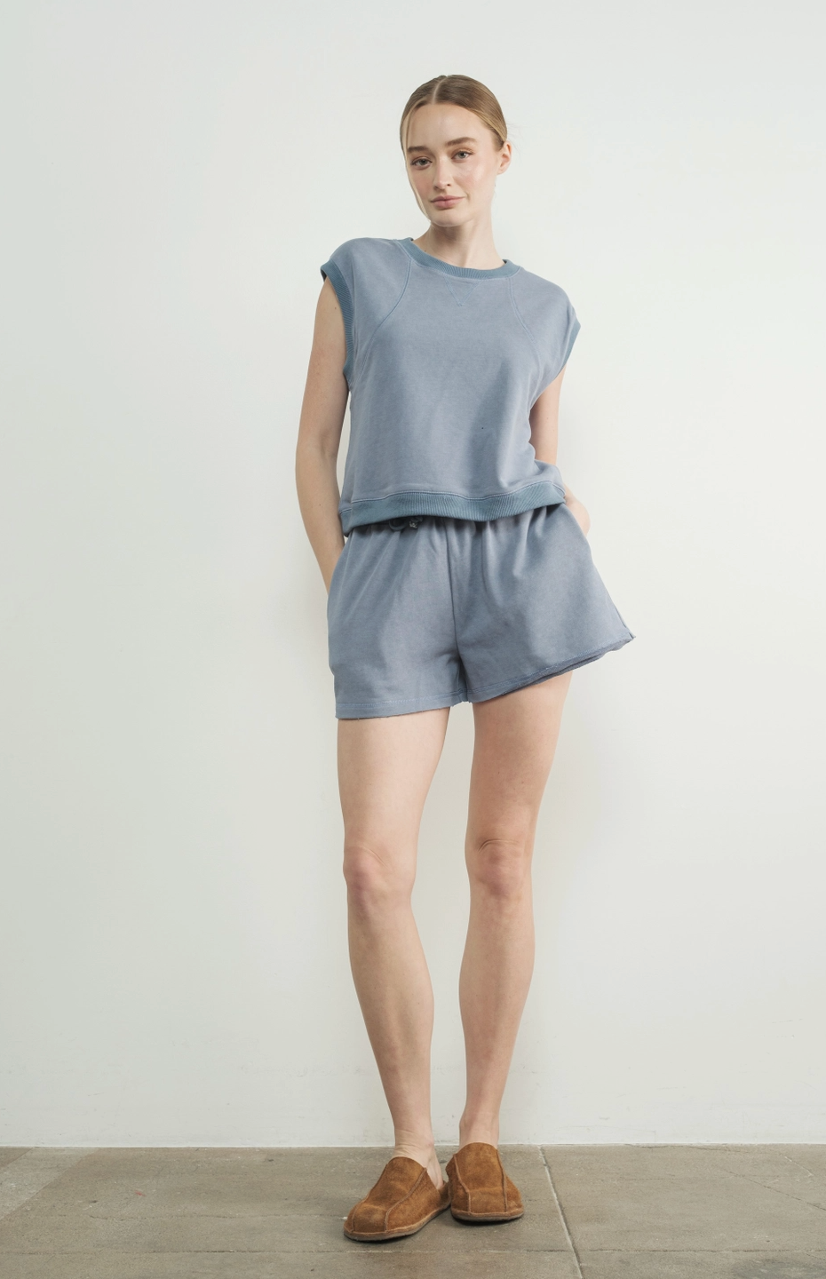 Washed Terry Sleevelss Top and Shorts Beige or Blue