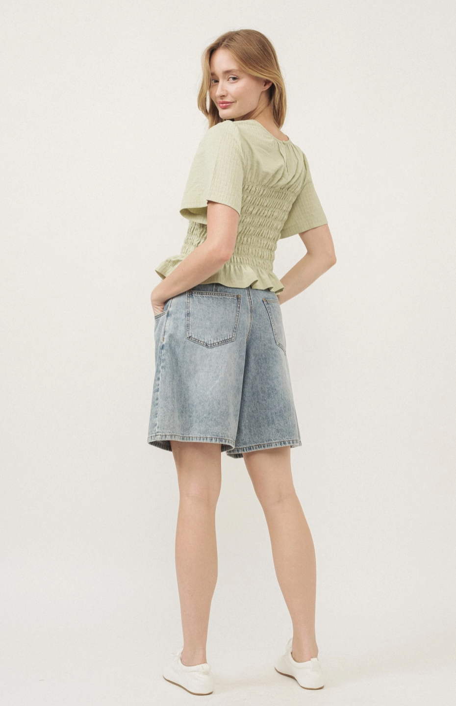 Jacquard Fabric Smocking Top Sage