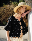 Embroidered Bowtie Top with Puff Sleeves