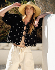 Embroidered Bowtie Top with Puff Sleeves