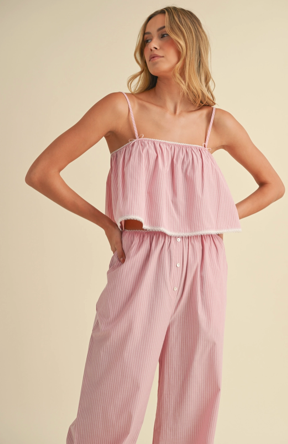 Striped Poplin Cropped Cami and Pants Set