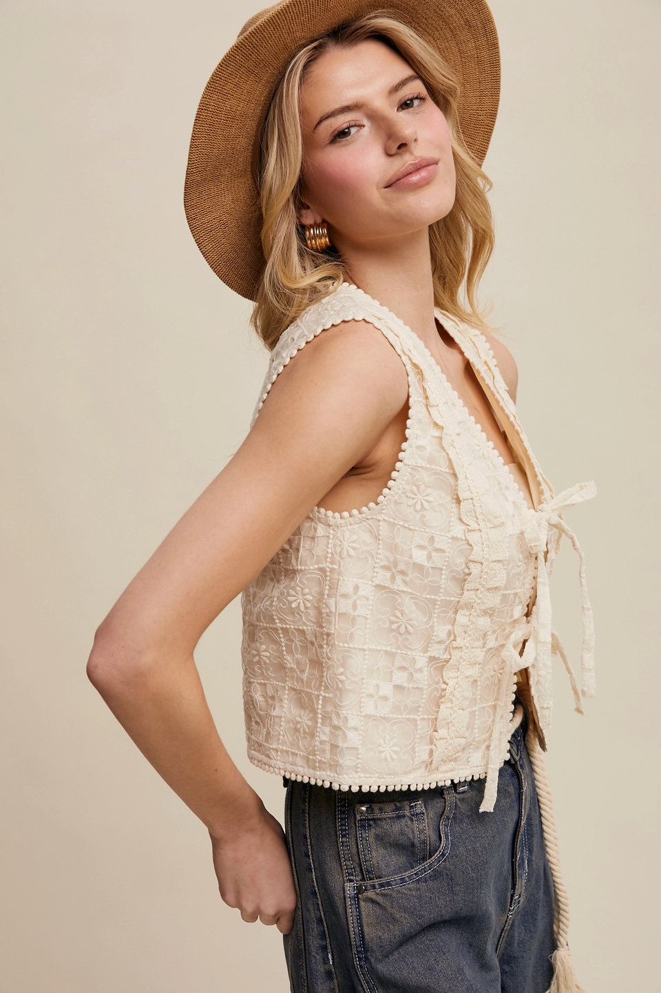 Embroidered Lace Tie-Front Vest