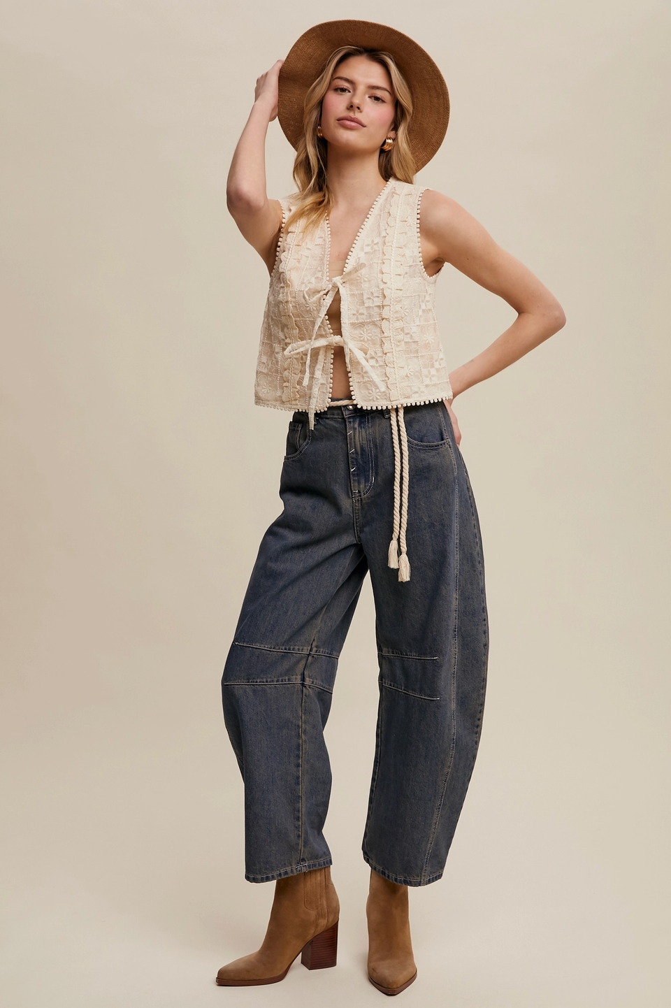 Embroidered Lace Tie-Front Vest