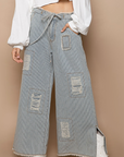 Distressed Waist Strape Stripe Denim Wide Pants