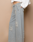 Distressed Waist Strape Stripe Denim Wide Pants