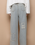 Distressed Waist Strape Stripe Denim Wide Pants