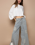 Distressed Waist Strape Stripe Denim Wide Pants