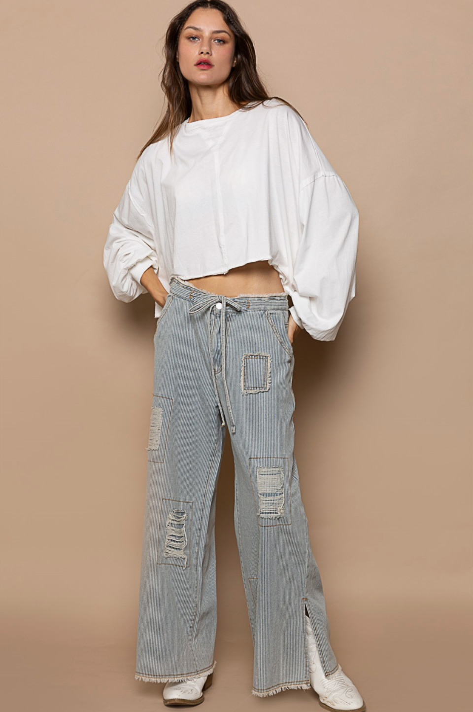 Distressed Waist Strape Stripe Denim Wide Pants