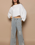 Distressed Waist Strape Stripe Denim Wide Pants