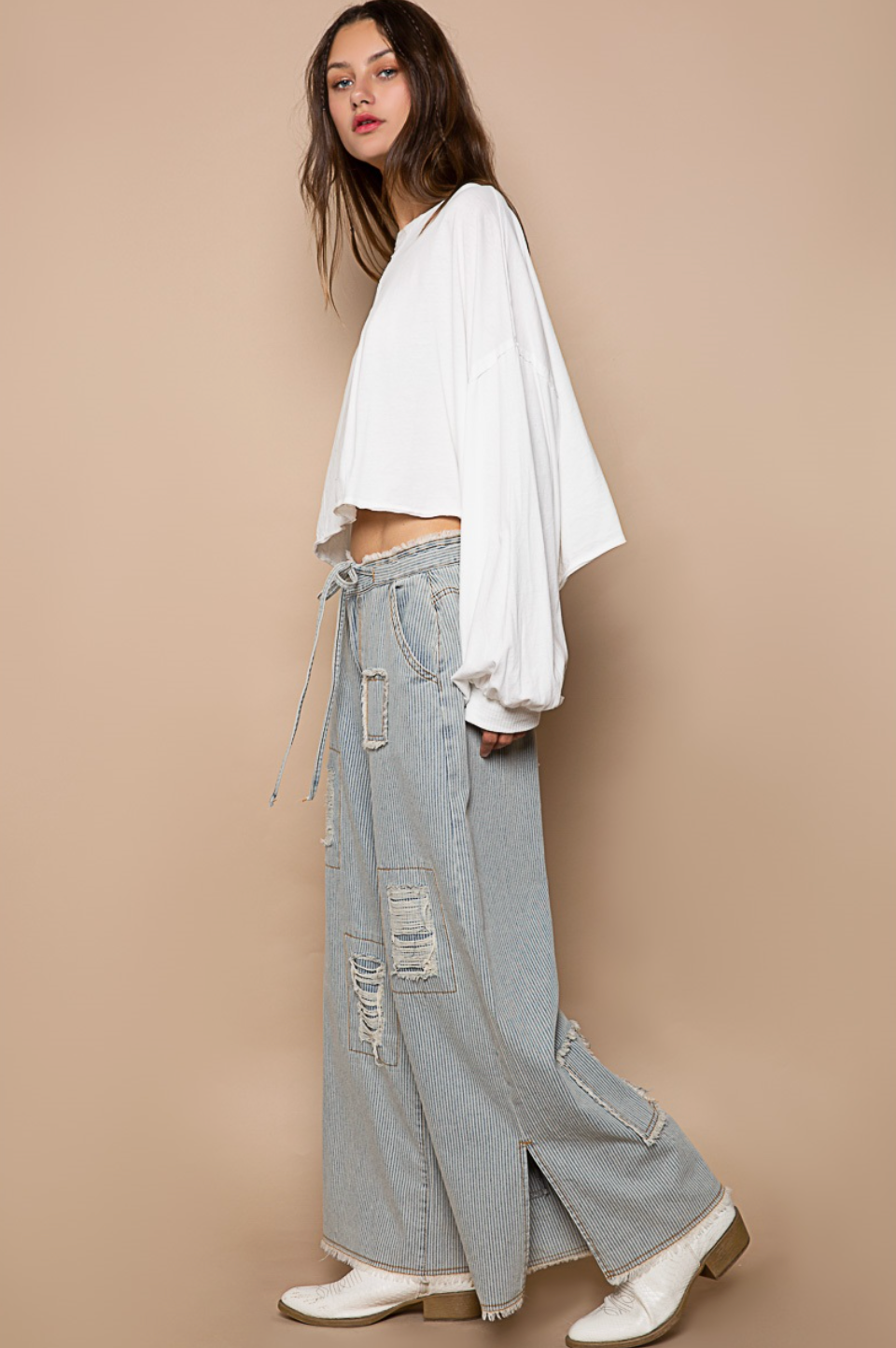 Distressed Waist Strape Stripe Denim Wide Pants